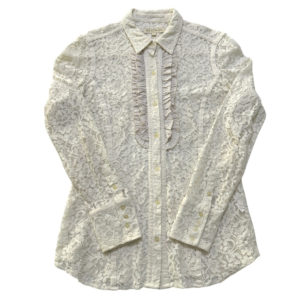 Stetson Lace Western Shirt Womens L Cream Ruffle Coastal Cowgirl Victorian Boho - Picture 11 of 12